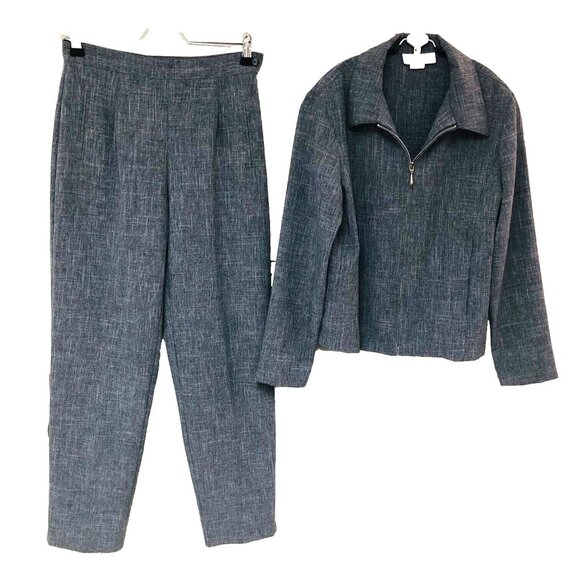 Petite Sophisticates Gray Pants Suit Women 4P Career 2 PC Hi Rise USA Zip Jacket - Picture 1 of 11